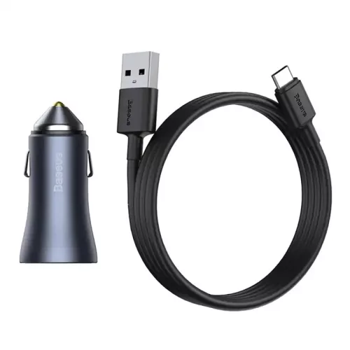 Baseus Golden Contactor Pro autós töltő, 2x USB, 40W (szürke) + USB-C kábel 1m (fekete)