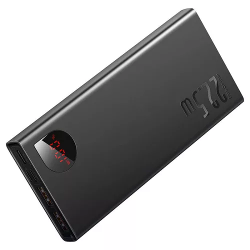 Baseus Adaman fém Powerbank, 10000mAh, 2xUSB, USB-C, Lightning, MicroUSB 22.5W (czarny)