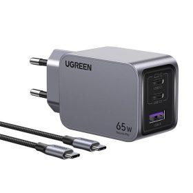   UGREEN Nexode Pro fali töltő, USB + 2x USB-C, 65W + USB-C kábel, 1.5m (fekete)