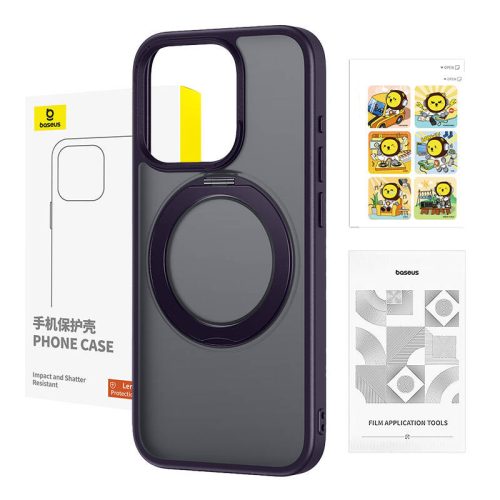 Baseus SkyRing mágneses telefontok Baseus SkyRing mágneses állvánnyal iP 14 Pro Max készülékhez + edzett üveg és tisztító készlet (lila)