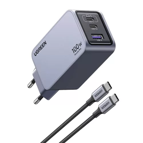 UGREEN Nexode Pro fali töltő, 100W, GaN, USB + 2x USB-C (szürke)