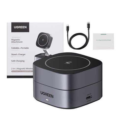 UGREEN W256 2 az 1-ben Qi induktív iPhone/AirPods töltő, 20W + USB-C-USB-C kábel, 1m (fekete)