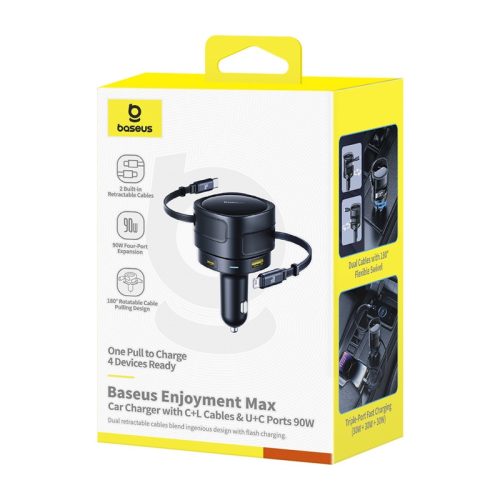Baseus Enjoyment Max autós töltő USB-C + villámkábellel és USB-A + USB-C portokkal 90W Fekete
