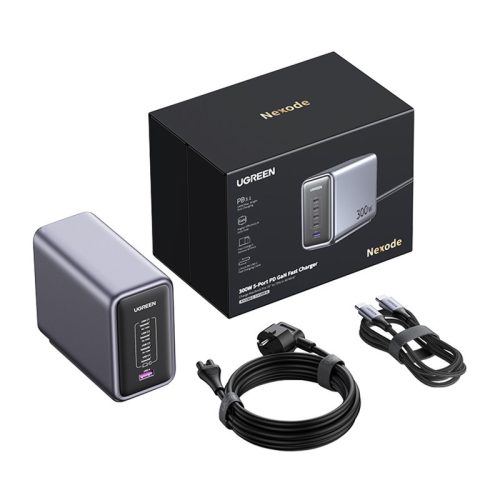 UGREEN CD333 Nexode hálózati töltő, USB + 4x USB-C, GaN, 300W + 240W USB-C kábel (fekete)