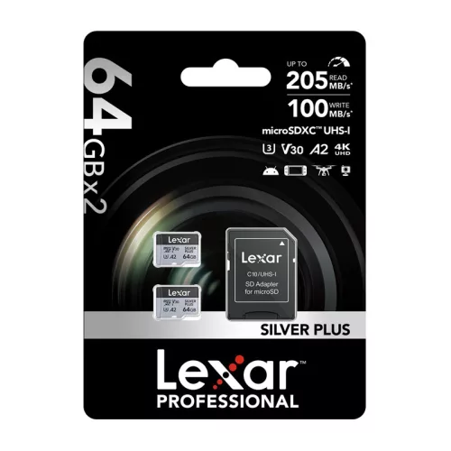 2 db Lexar High-Performance Silver Plus microSDXC 2x64GB memóriakártya készlet + adapter