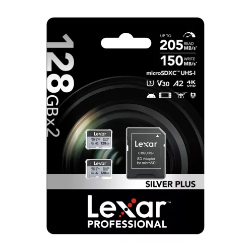 2 db Lexar High-Performance Silver Plus microSDXC 2x128GB memóriakártya + adapter