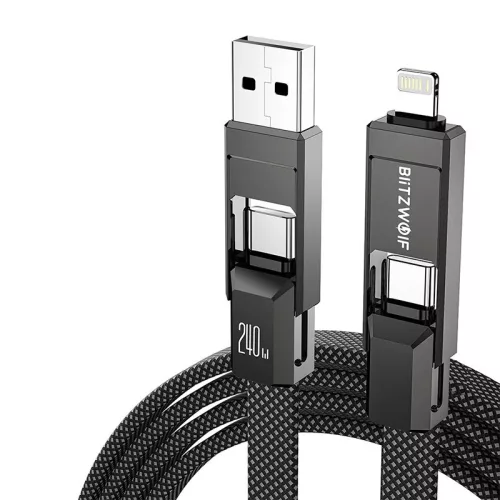 BlitzWolf BW-HDC7 4 az 1-ben USB-C+USB+Lightning kábel, 240W, 1.2m (fekete)