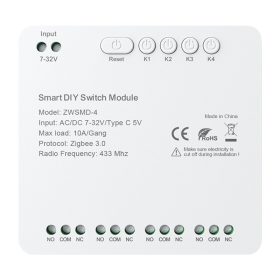   4 csatornás ZigBee kapcsolómodul feszültségmentes DC 32V-os érintkezővel Avatto ZWSMMD-4-32V