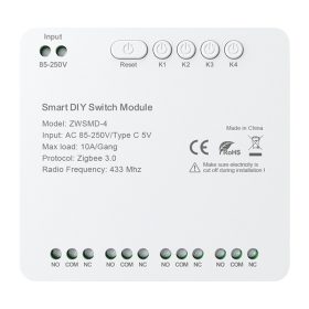   ZigBee 4 csatornás kapcsolómodul feszültségmentes DC 32V-os érintkezővel Avatto ZWSMMD-4-250V