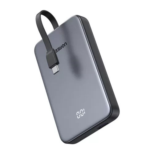 Ugreen PB526 10000 mAh-s power bank USB + USB-C, 20 W, beépített kábellel (szürke)
