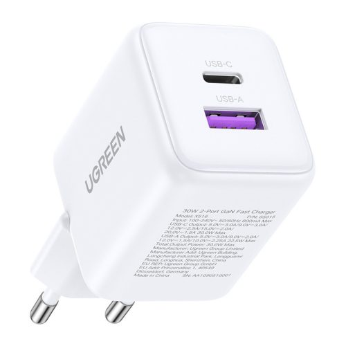 Ugreen X516 USB + USB-C fali töltő, GaN, 30 W (fehér)